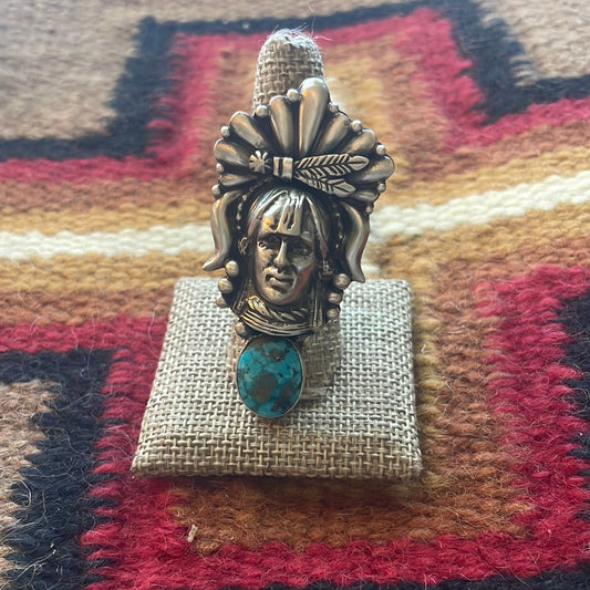 Beautiful Handcrafted Sterling Silver & Turquoise Chief Adjustable Ring Signed Russell Sam
