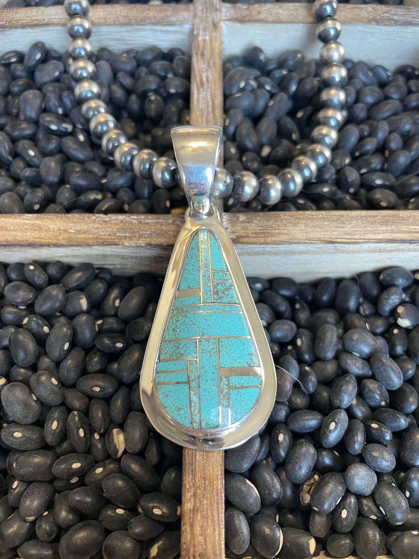 Handcrafted Number 8 Turquoise Inlay & Sterling Silver Pendant Signed