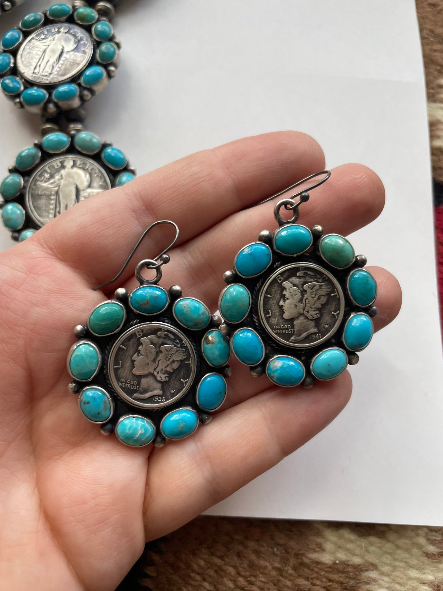 Navajo Turquoise & Sterling Silver Liberty Coin Necklace Earrings Set Signed Bea Tom