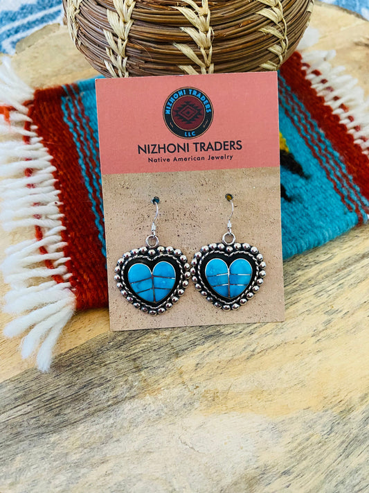 Handcrafted Sterling Silver & Turquoise Inlay Heart Dangle Earrings