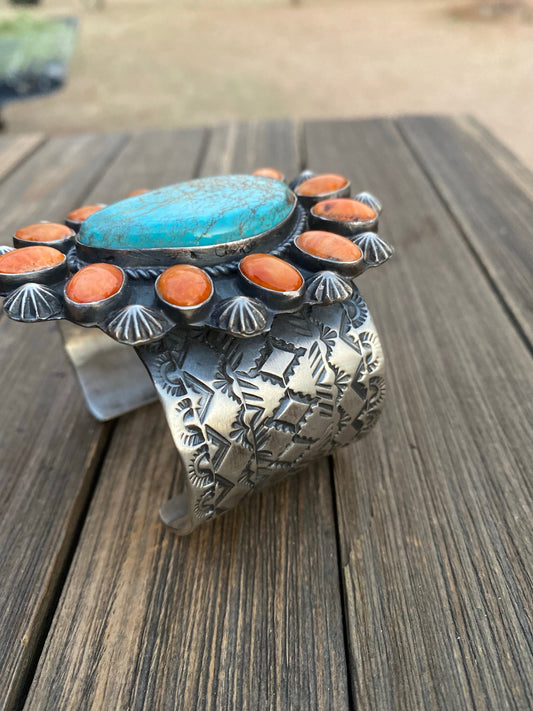 Handcrafted Kingman Turquoise & Spiny Sterling Silver Bracelet Signed /