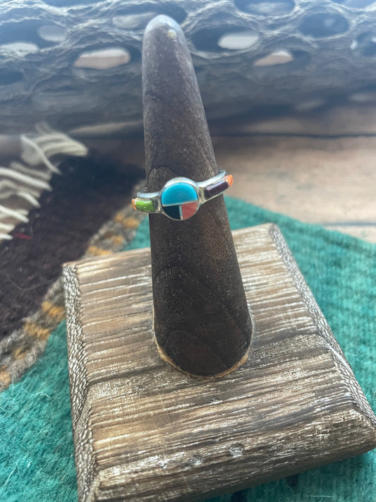Handcrafted Sterling Silver & Multi Stone Inlay Ring Size 5.5