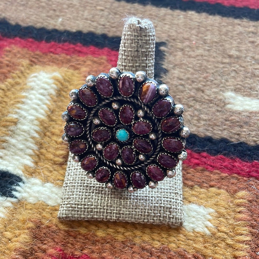 Handcrafted Sterling Silver, Turquoise, Purple Spiny Flower Adjustable Ring Signed
