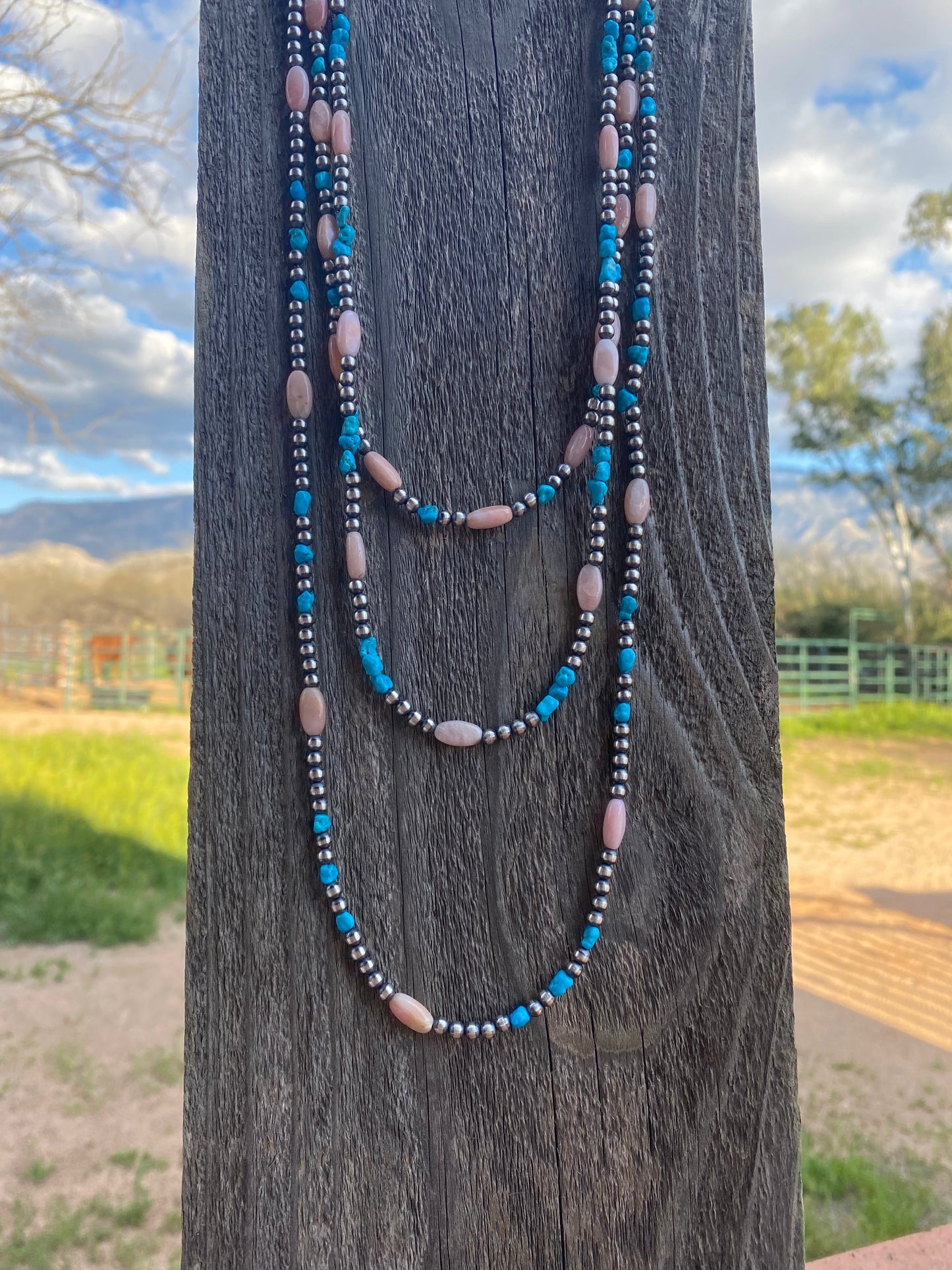 Handcrafted Sterling Silver Pearls with Kingman Turquoise and Pink Conch