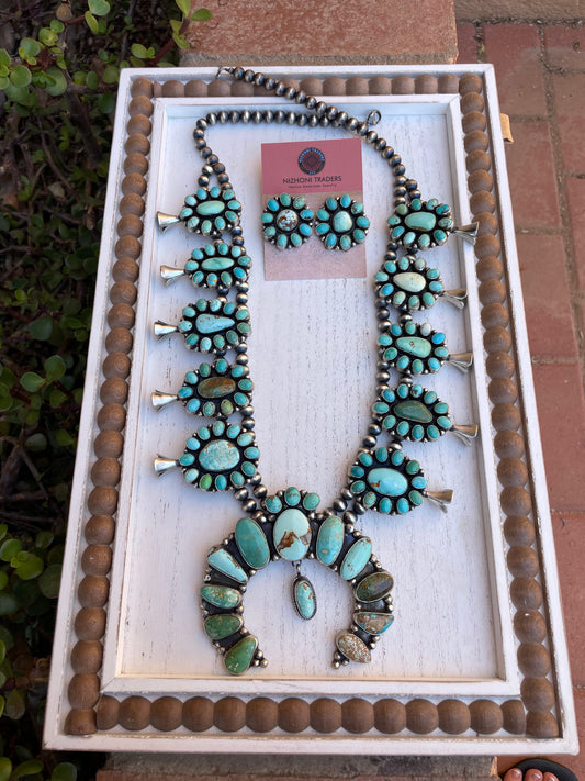 Handcrafted Sheila Becenti Carico Lake, Royston Turquoise & Sterling Squash Blossom Set