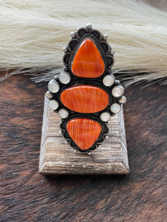 Devon Brown Handcrafted Sterling, Mother of Pearl Orange Spiny ring adjustable