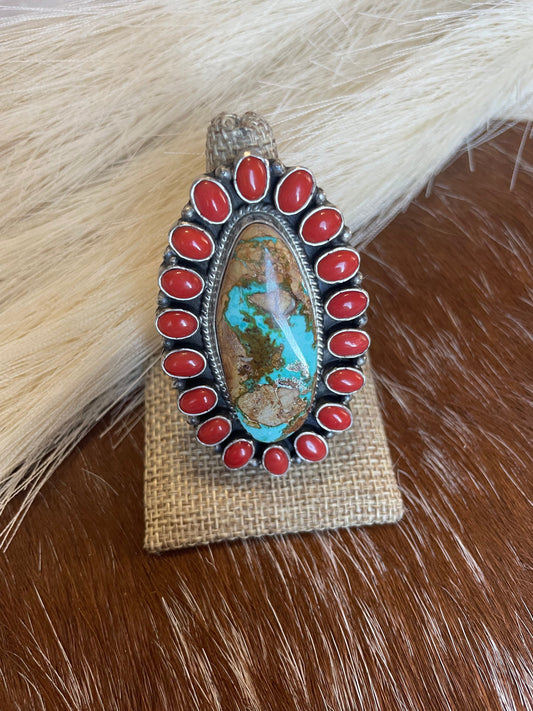 Handcrafted Number 8 Turquoise, Coral & Sterling Silver Ring Size 8 Signed G James