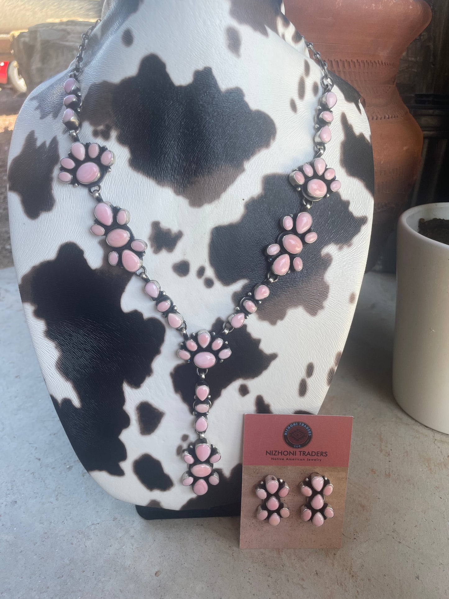 Handcrafted Queen Pink Conch Shell And Sterling Silver Necklace Earrings Set By Travis J