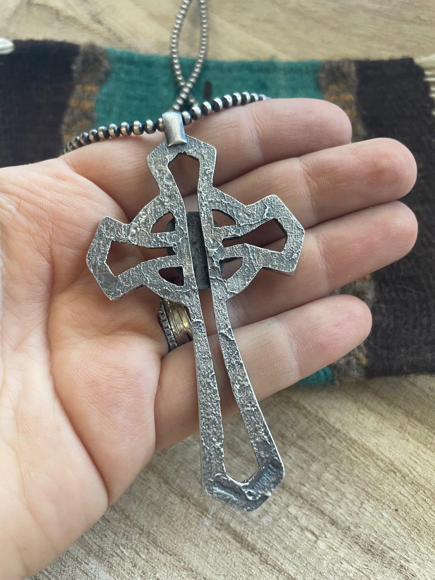 Handcrafted Sterling Silver & Turquoise Cross Pendant Signed Eugene Mitchell