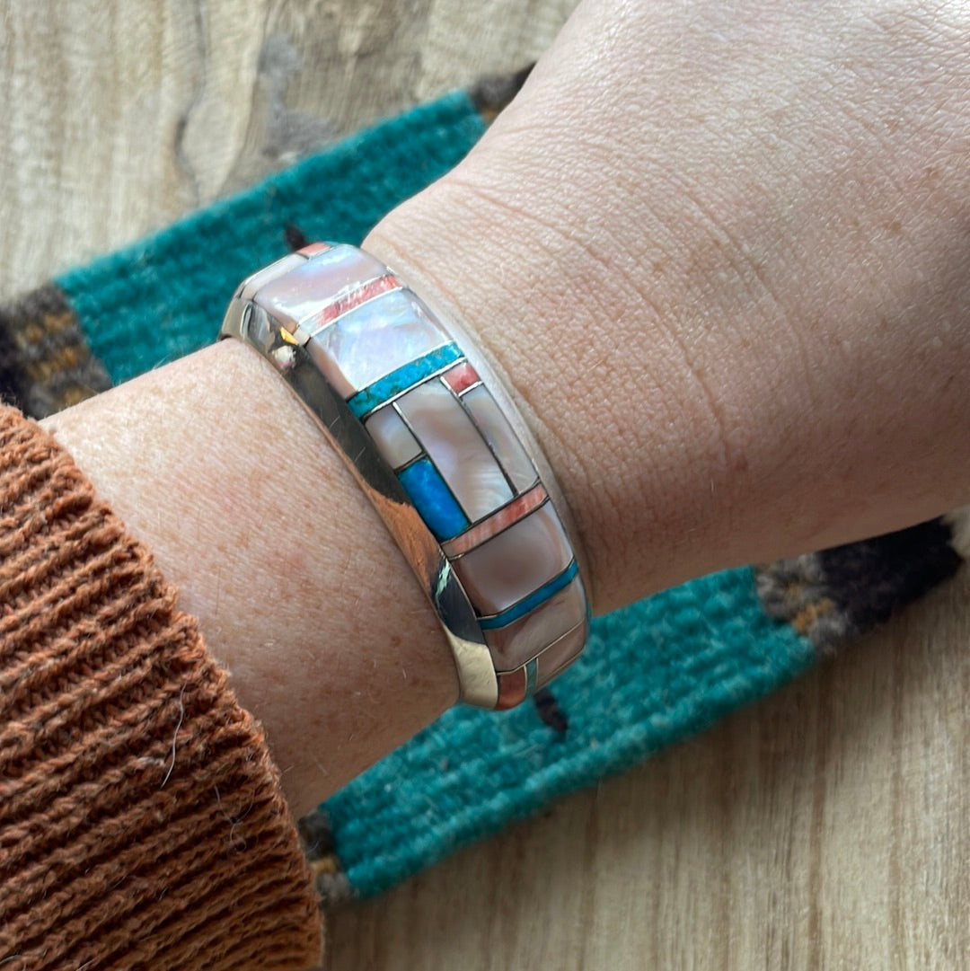 Handcrafted Multi Stone & Sterling Silver Inlay Cuff Bracelet