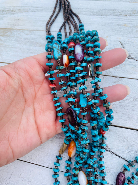 Handcrafted Turquoise, Spiny, Abalone & Heishi Eight Strand Beaded Necklace