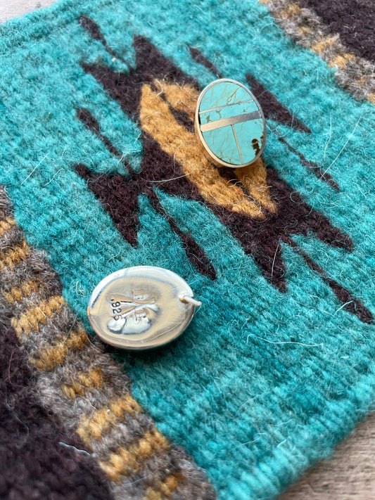 Handcrafted Number 8 Turquoise Inlay & Sterling Silver Post Earrings Signed