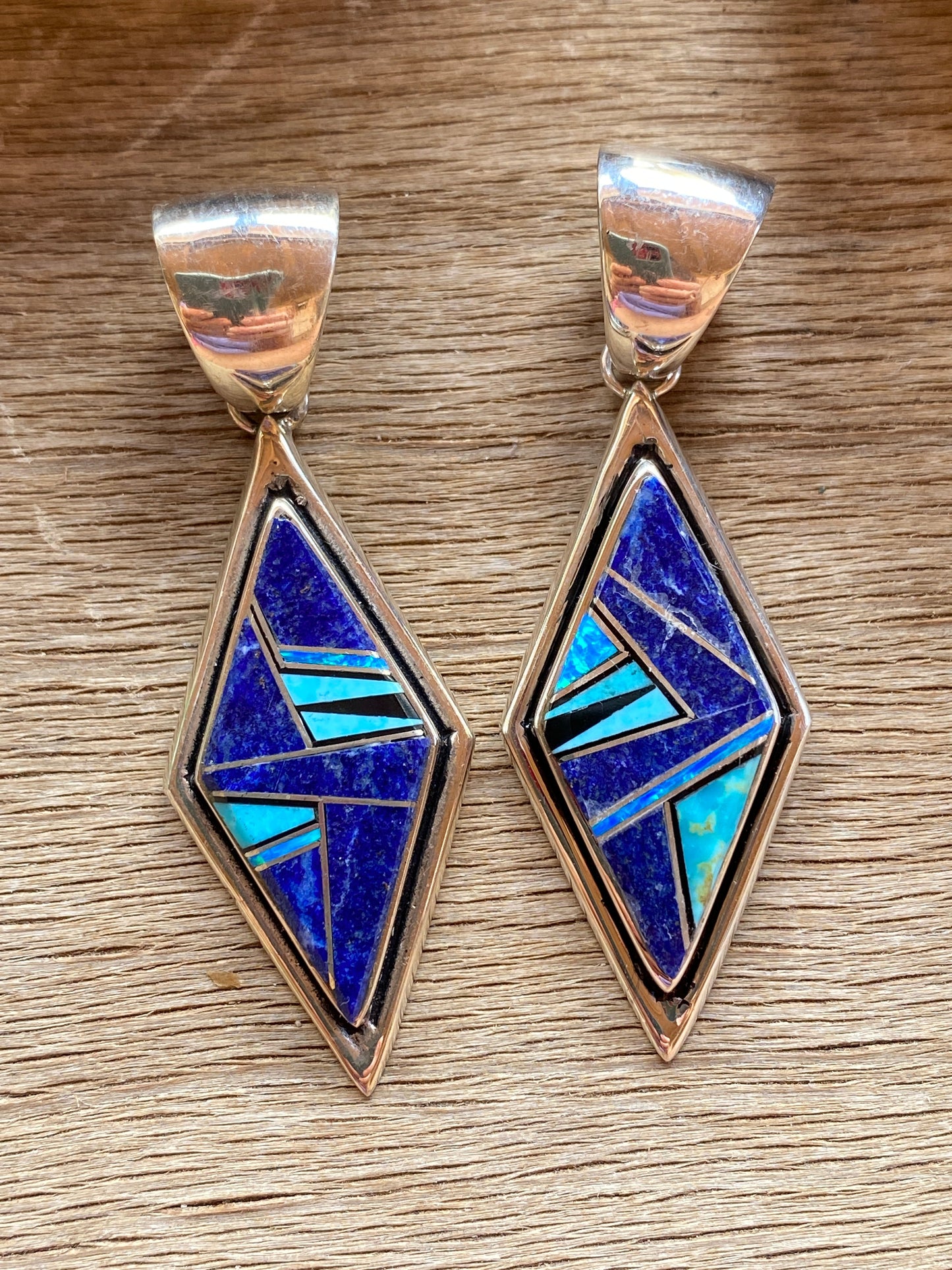 Handcrafted Lapis, Turquoise, Blue Opal Diamond Shape Pendant