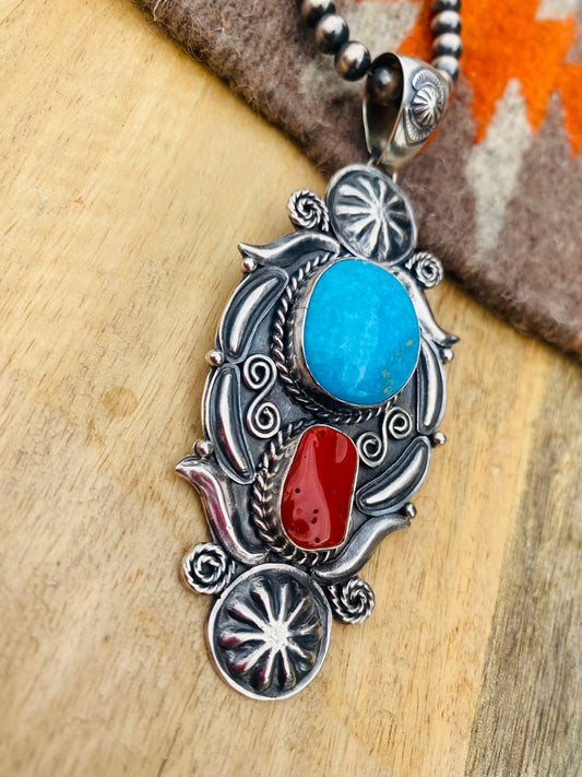 Handcrafted Sterling Silver, Kingman Turquoise & Coral Pendant Signed