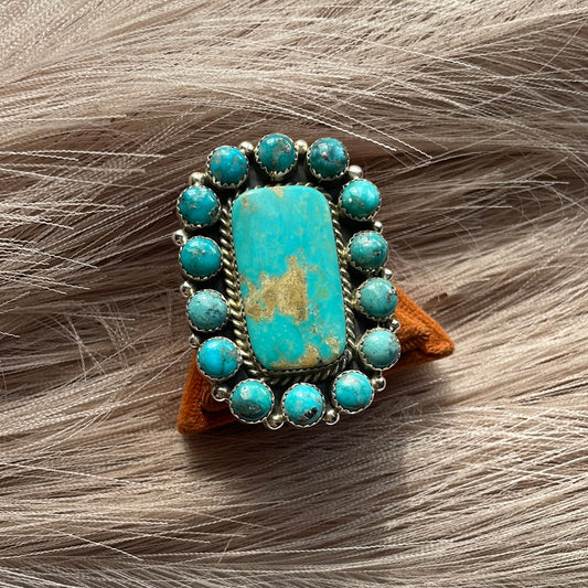 Handcrafted Turquoise & Sterling Silver Ring Size 7.5 Signed Robert Shakey
