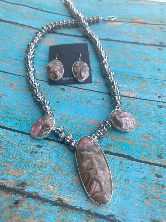 Handcrafted Rhodonite & Sterling Silver Beaded Necklace Set