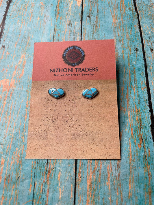 Handcrafted Sterling Silver & Turquoise Inlay Stud Heart Earrings