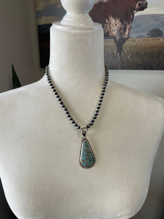 Handcrafted Number 8 Turquoise Inlay & Sterling Silver Pendant Signed