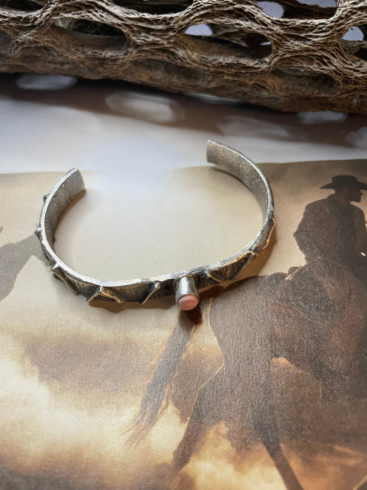 Handcrafted Pink Conch & Sterling Silver Tufa Cast Cuff Bracelet Signed