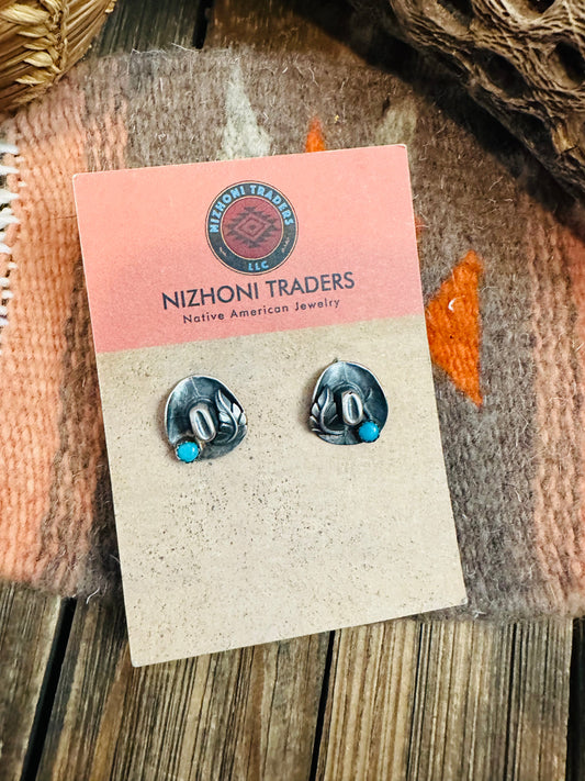 Handcrafted Mini Cowboy Hat Sterling Silver & Turquoise Stud Earrings
