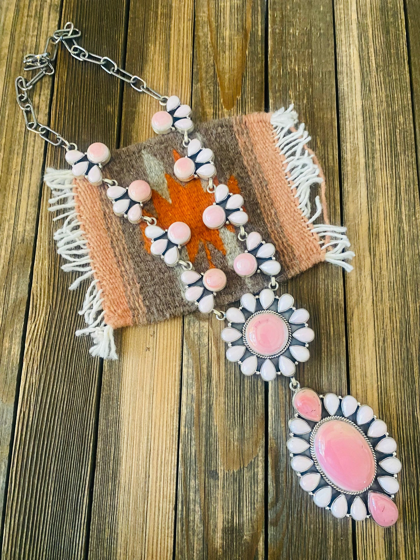 Handcrafted Queen Pink Conch Shell And Sterling Silver Cluster Necklace