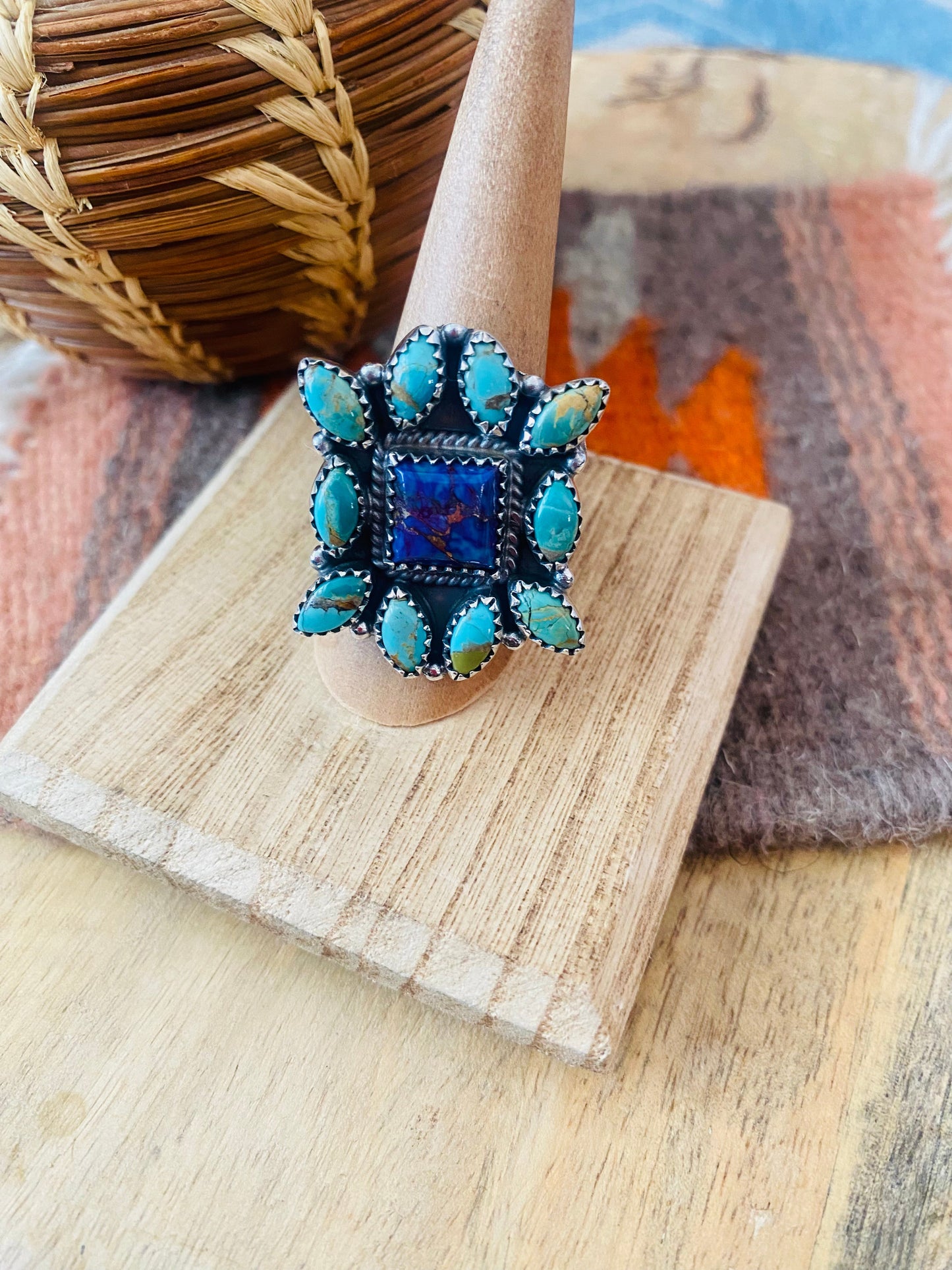 Handmade Sterling Silver, Turquoise & Purple Mojave Cluster Adjustable Ring