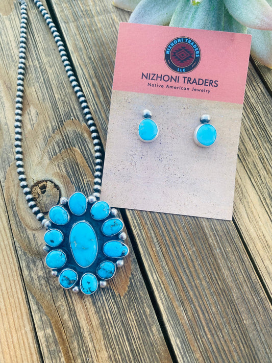 Handcrafted Sleeping Beauty Turquoise & Sterling Silver Cluster Earrings & Pendant Set