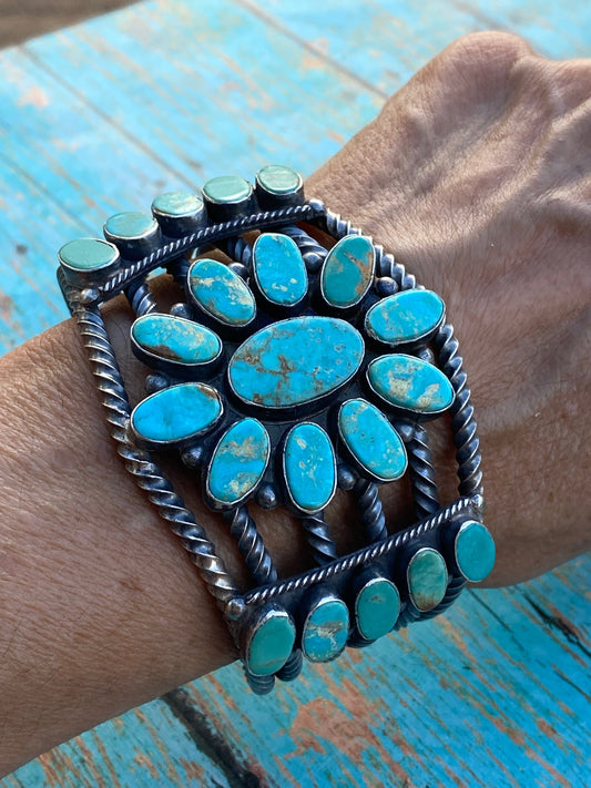 Handcrafted Jacqueline Silver Royston Turquoise & Sterling Cluster Cuff /