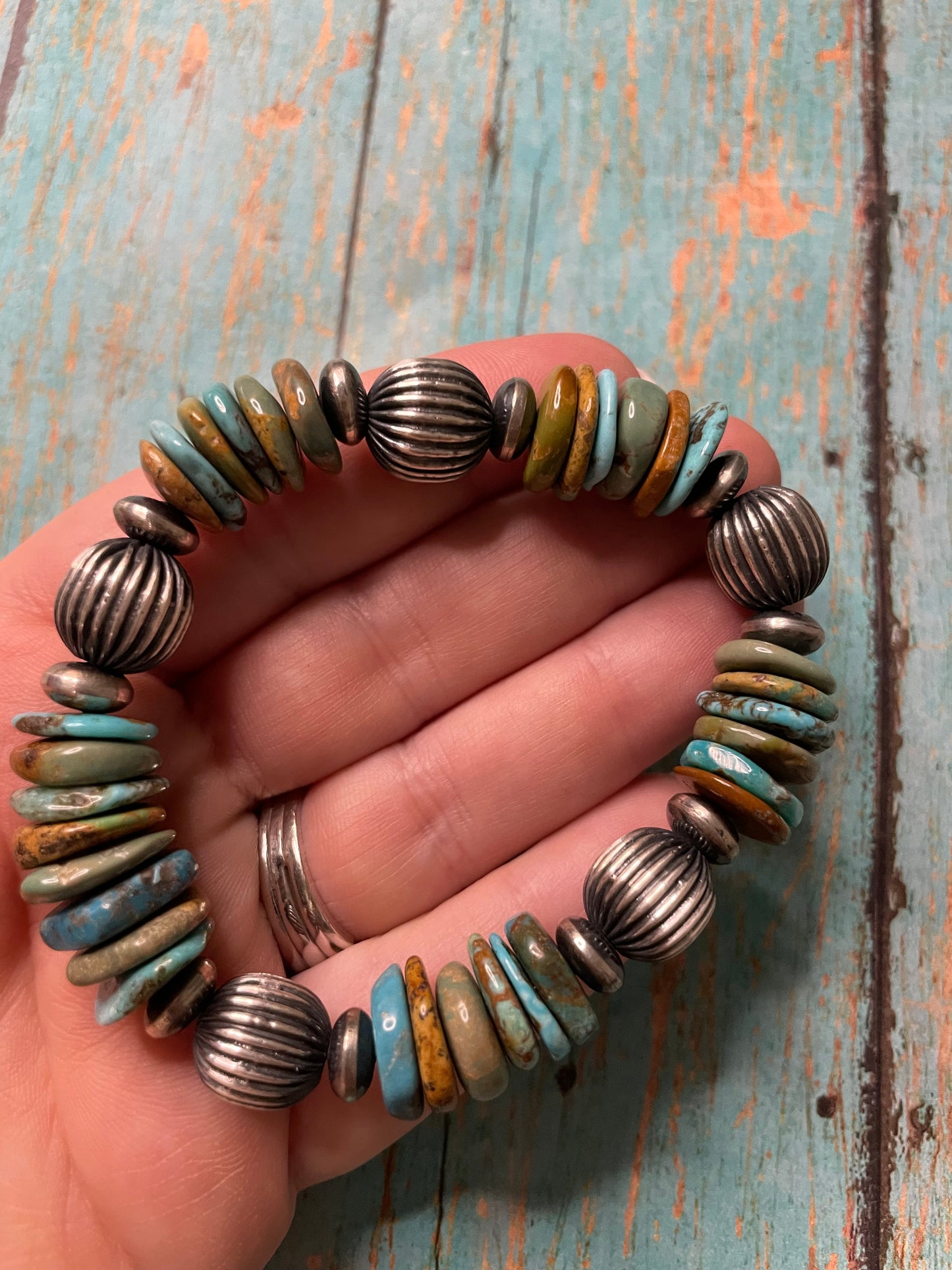 Navajo Sterling Silver Stretchy Natural #8 Turquoise Beaded Bracelet