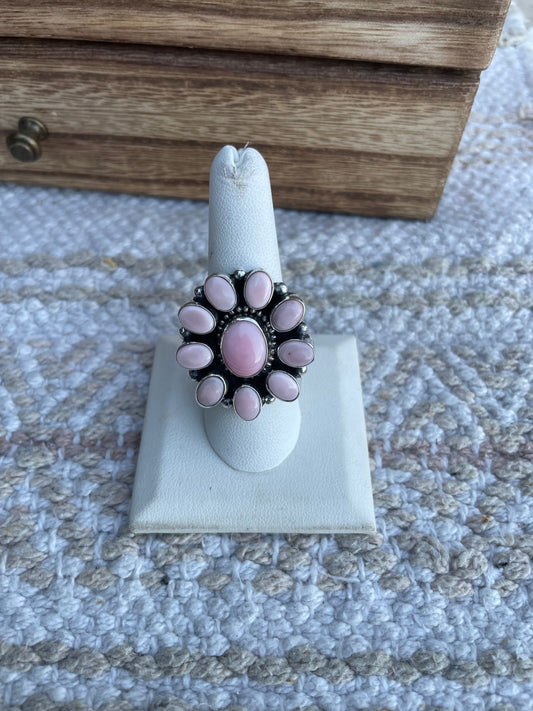 Handcrafted Pink Conch And Sterling Silver Cluster Ring By Sheila Becenti