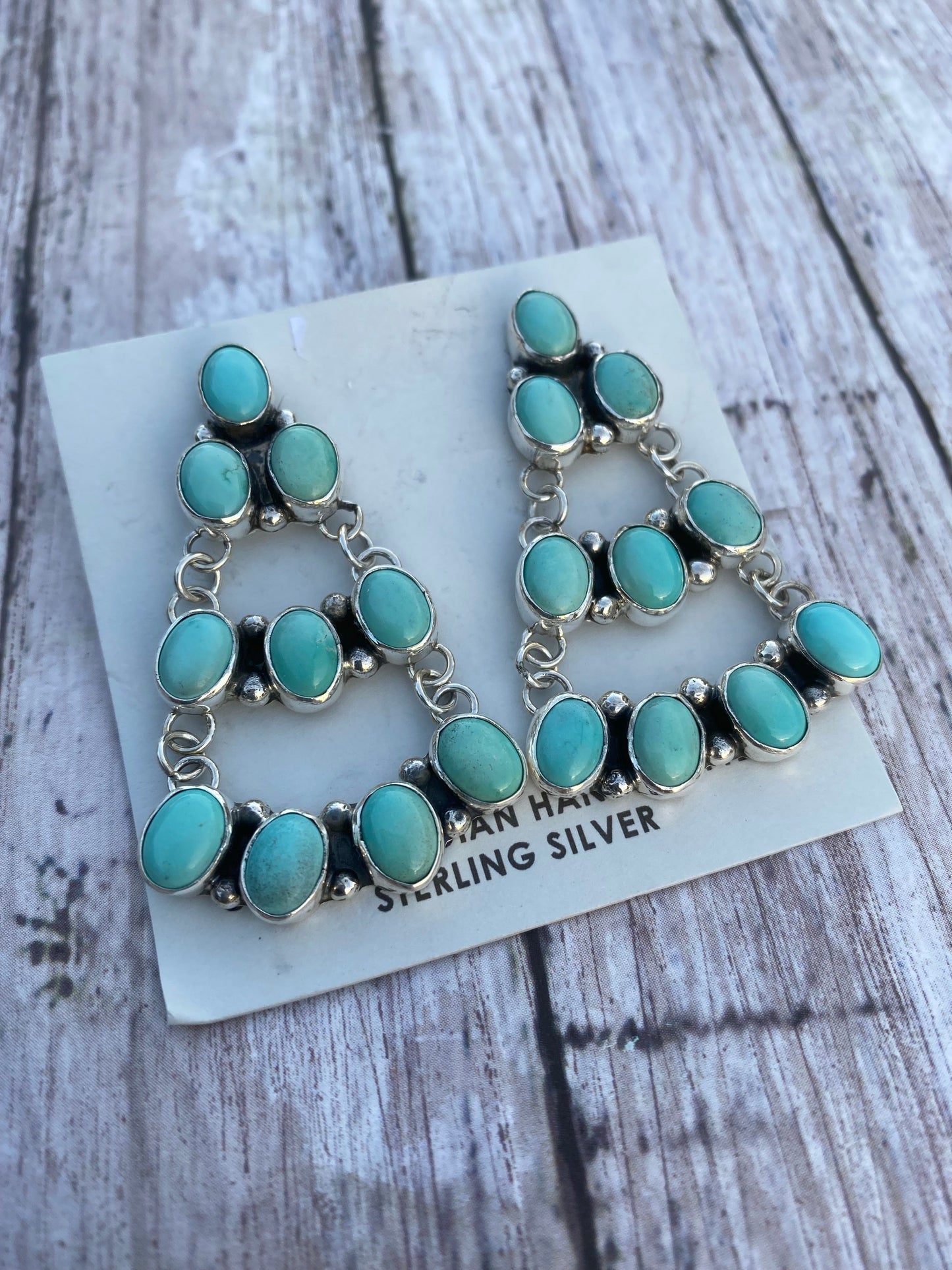 Navajo Carico Lake Turquoise & Sterling Silver Cluster Dangle Earrings Signed