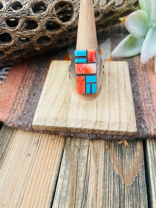 Old Pawn Vintage Handcrafted Sterling Silver, Turquoise & Spiny Inlay Ring Size 11