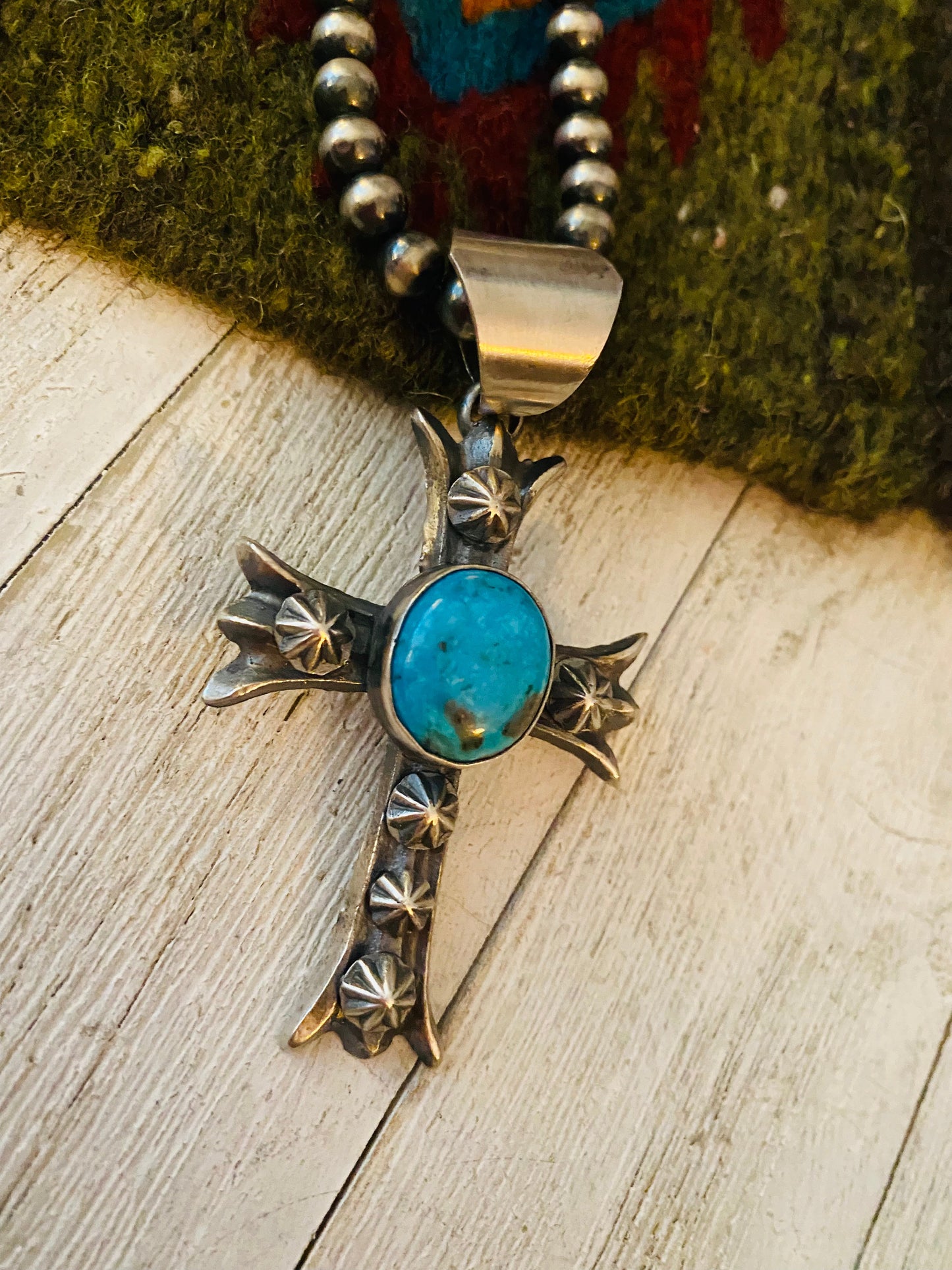 Handcrafted Sterling Silver & Turquoise Cross Pendant By Chimney Butte