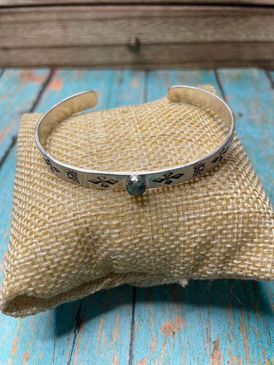 Navajo Hand Stamped Sterling Silver & Turquoise Cuff Bracelet Signed B Shorty