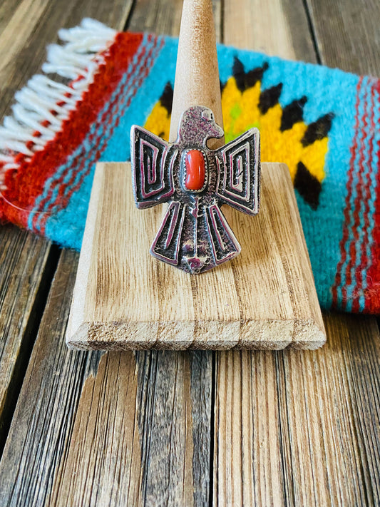 Handcrafted Sterling Silver & Coral Thunderbird Ring