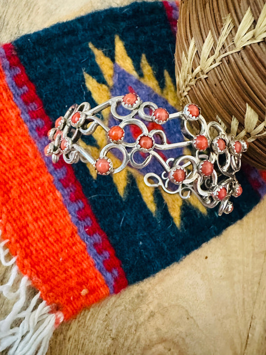Handcrafted Coral & Sterling Silver Cuff Bracelet Signed