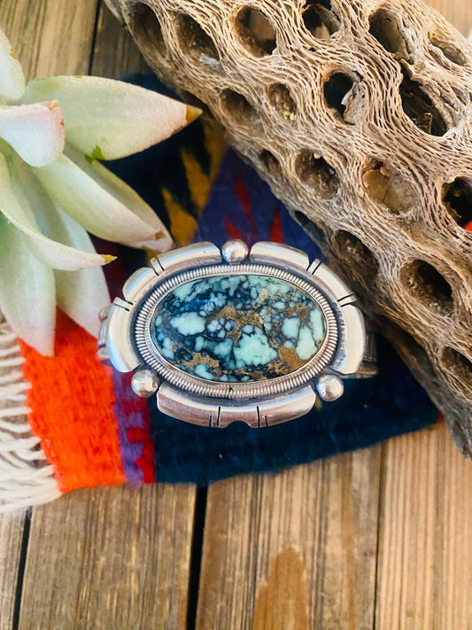 Handcrafted New Lander Turquoise & Sterling Silver Cuff Bracelet Signed