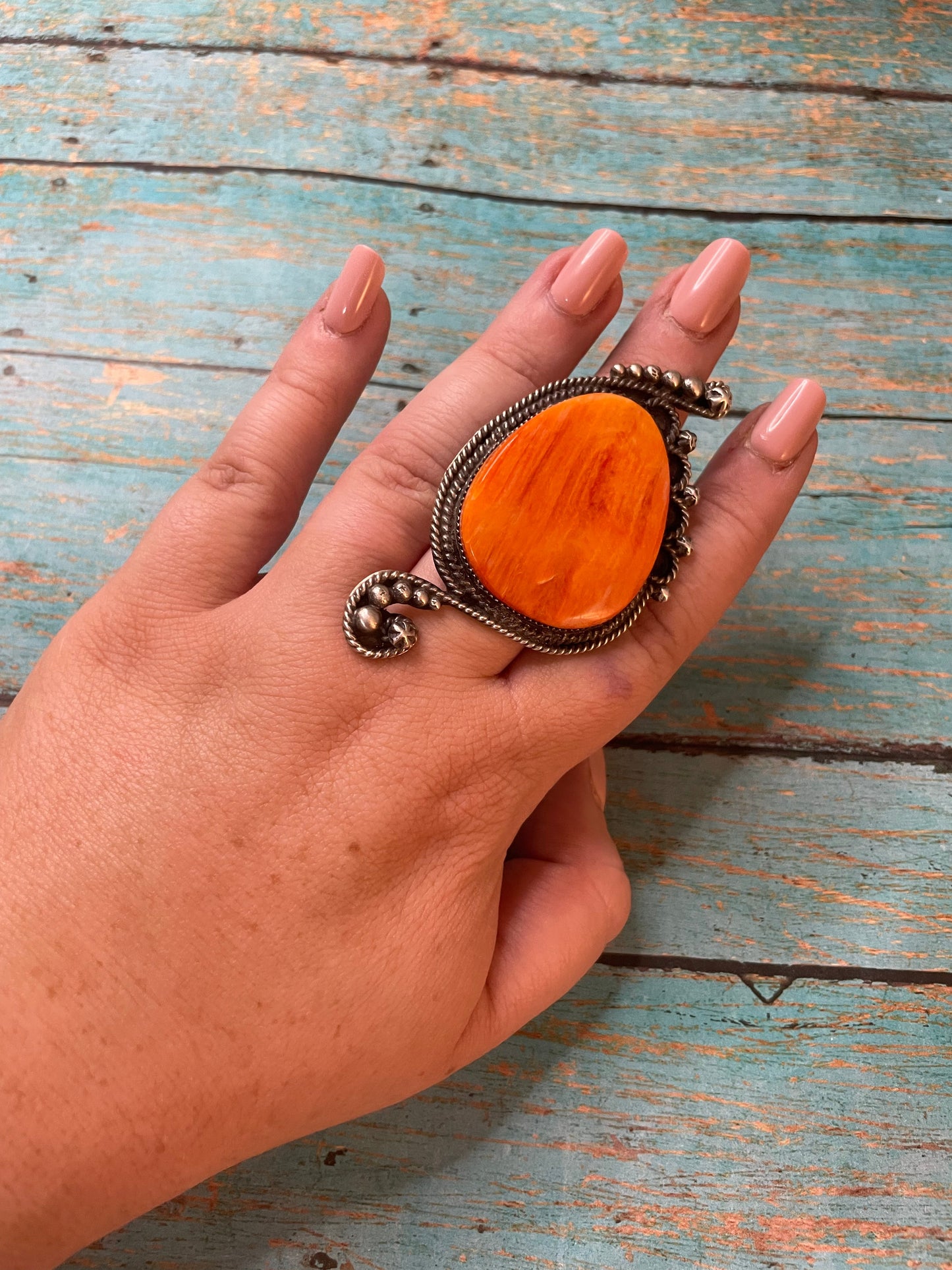 Navajo Sterling Silver And Orange Spiny Ring Size 8