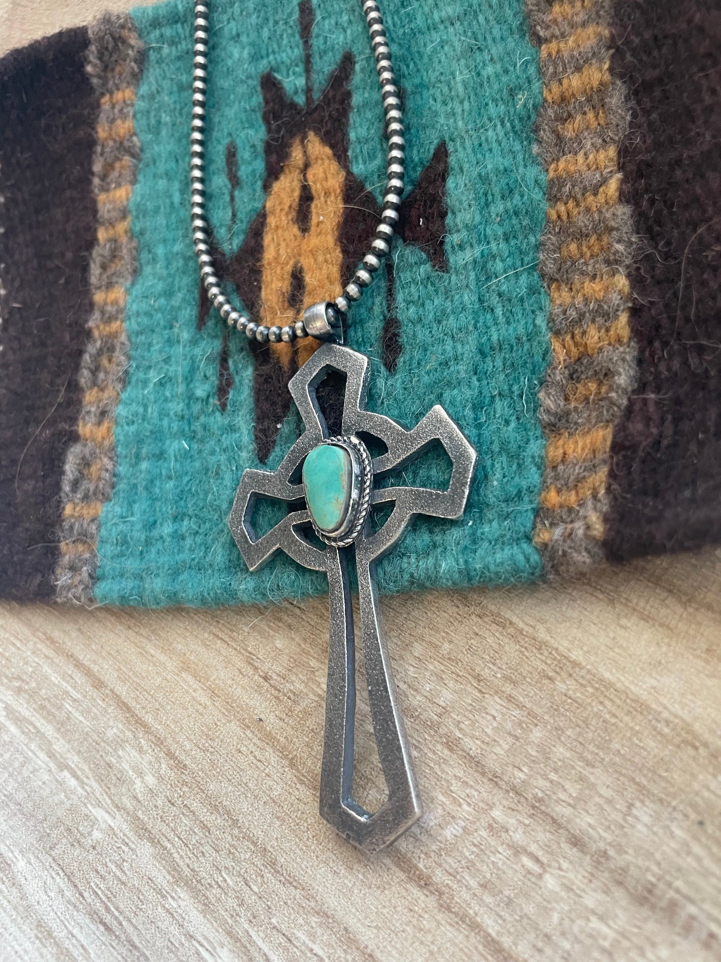 Handcrafted Sterling Silver & Turquoise Cross Pendant Signed Eugene Mitchell