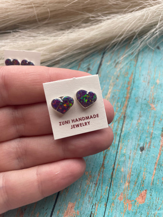 Handcrafted Sterling Silver & Fire Purple Opal Inlay Heart Stud Earrings