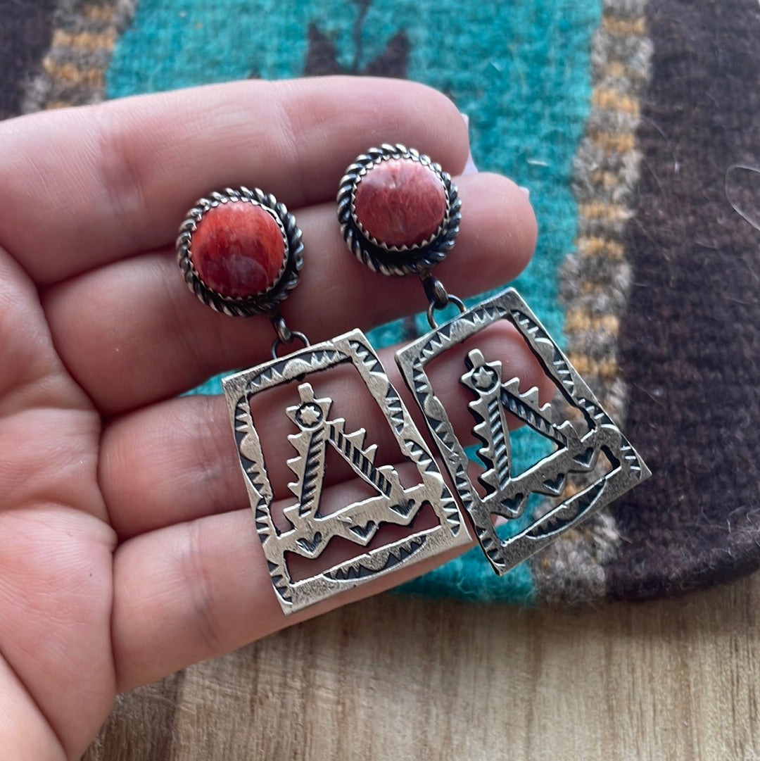 Beautiful Navajo Sterling Silver & Red Spiny Dangle Earrings Signed