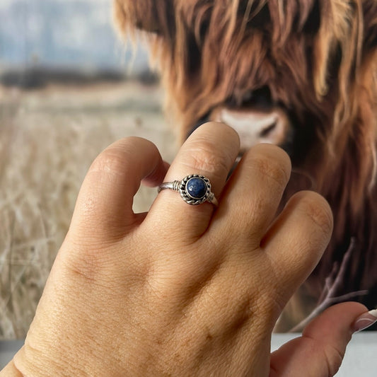 Handcrafted Sterling Silver Single Stone Lapis Braided Edge Ring
