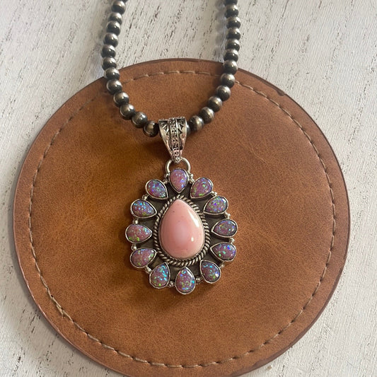 Handmade Pink Conch, Purple Fire Opal & Sterling Silver Flower Pendant
