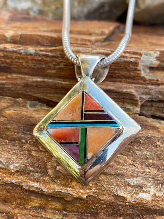 Handcrafted Orange Spiny Multi stone Square Pendant
