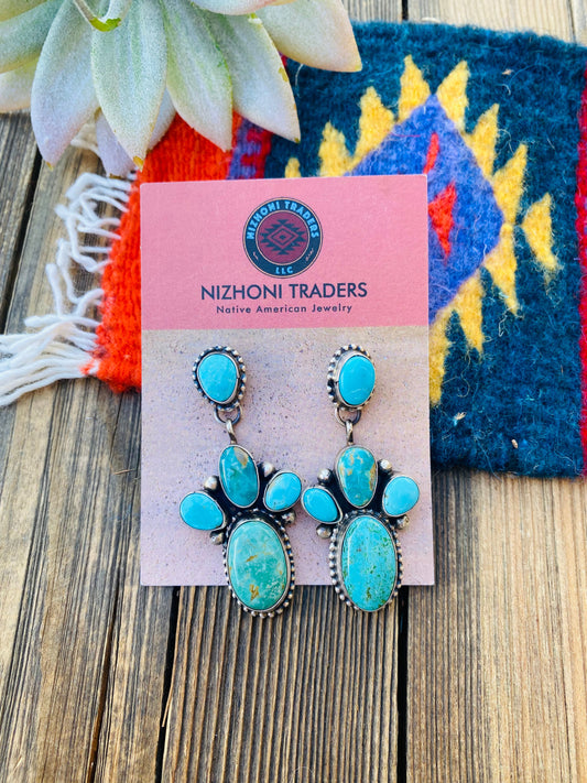 Handcrafted Multi Turquoise & Sterling Silver Cluster Dangle Earrings