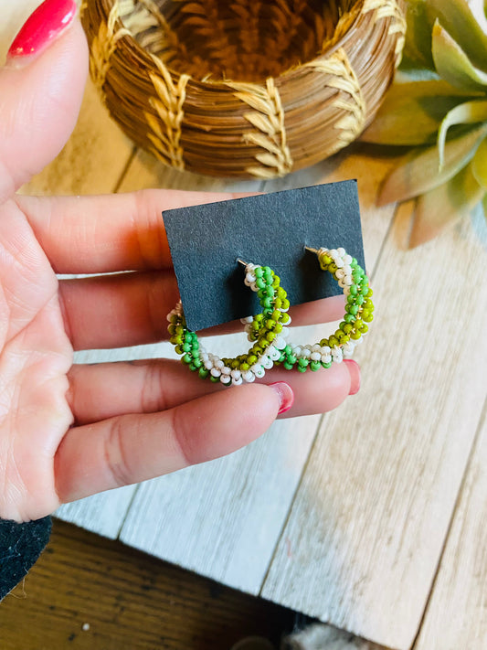 Handcrafted Handmade Beaded Hoop Earrings- green