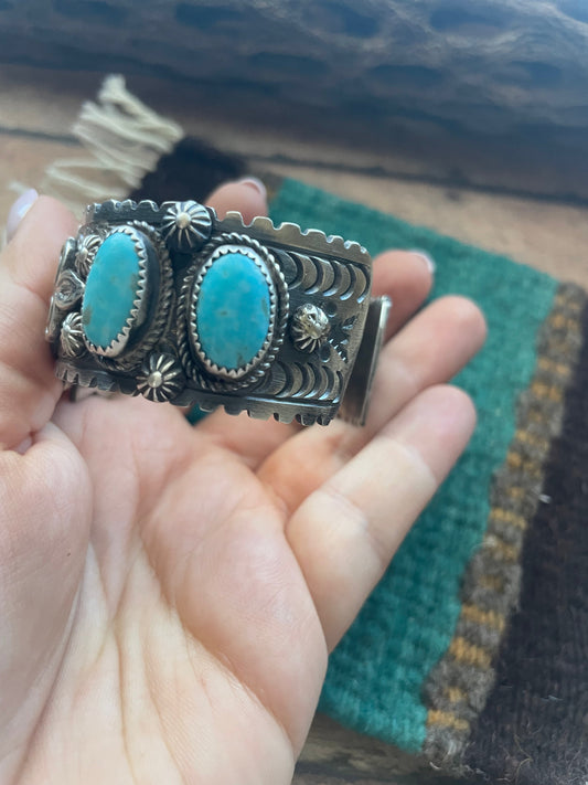 Handcrafted Sterling Cuff & Kingman Turquoise Cuff Bracelet Signed /