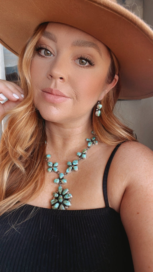 Handcrafted Sterling Silver Sonoran Mountain Turquoise Necklace & Earring Set By Sheila Becenti
