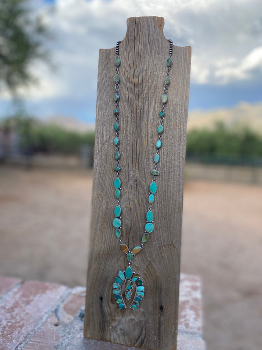 Handcrafted Sterling Silver & Royston Turquoise Drop Necklace Signed