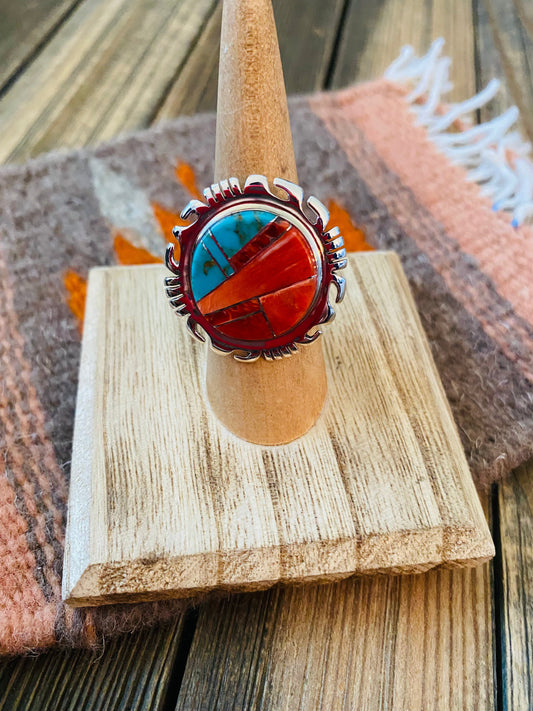 Handcrafted Sterling Silver, Orange Spiny & Turquoise Inlay Ring Size 6.5